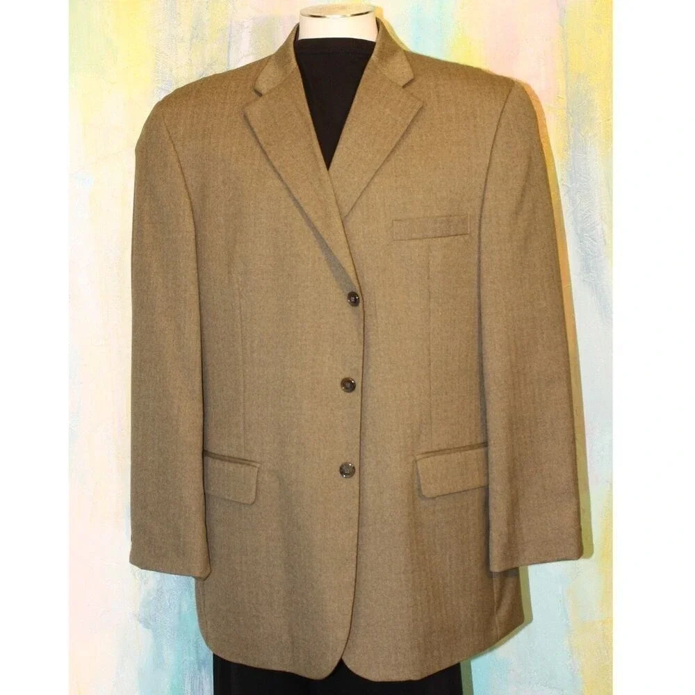 46 HAGGAR Beige Brown Blazer Mini Herringbone Academia Jacket Sport Coat TAN 46L